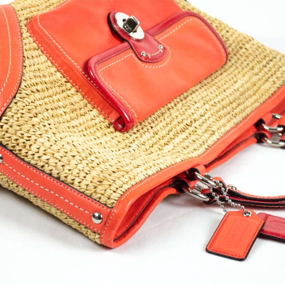 Coach Straw Natural & Tangerine Leather Shopper Pocket Tote Bag - Picture 12 of 15